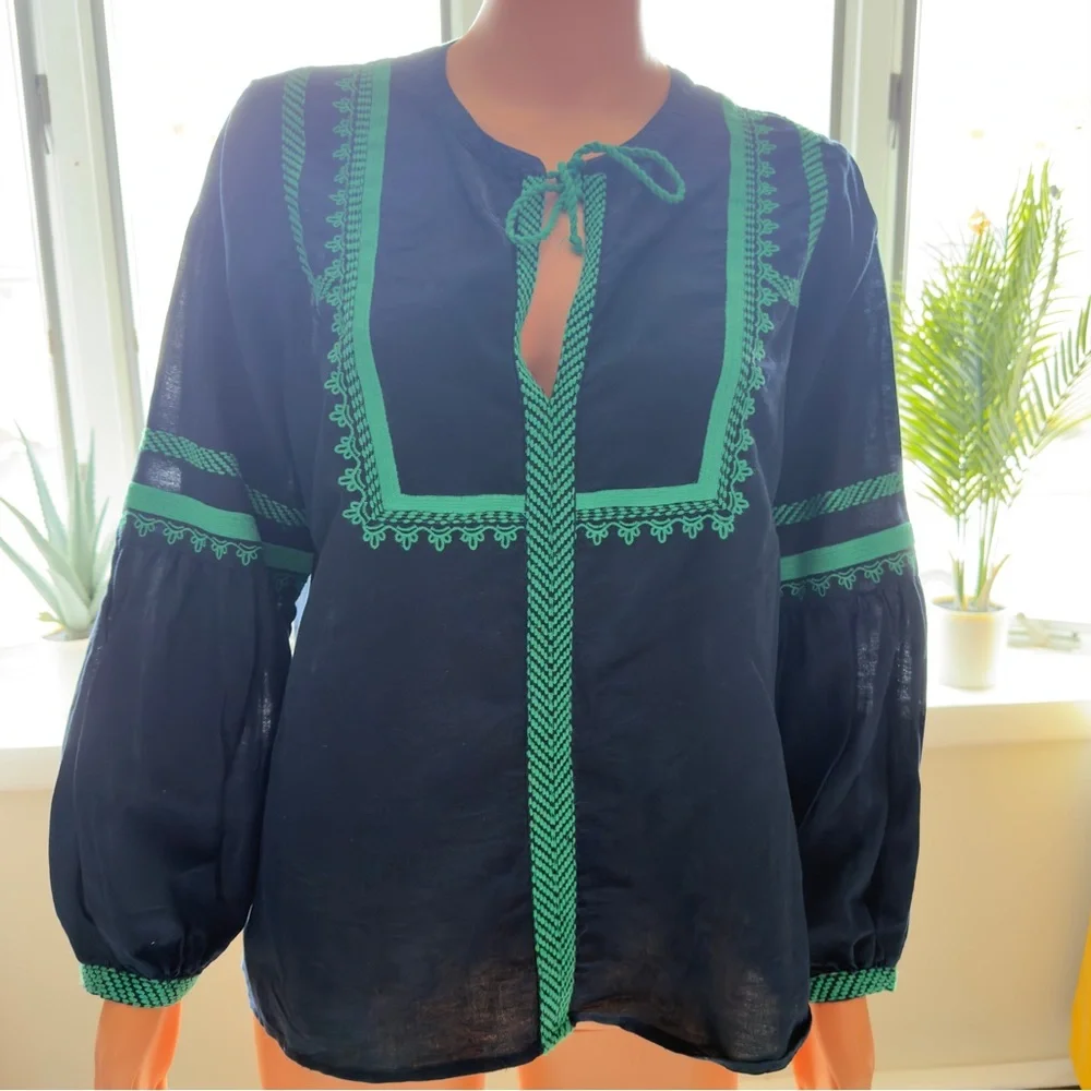 J. Crew Navy Blue Peasant Blouse with Green Embroidery - Picture 5 of 12